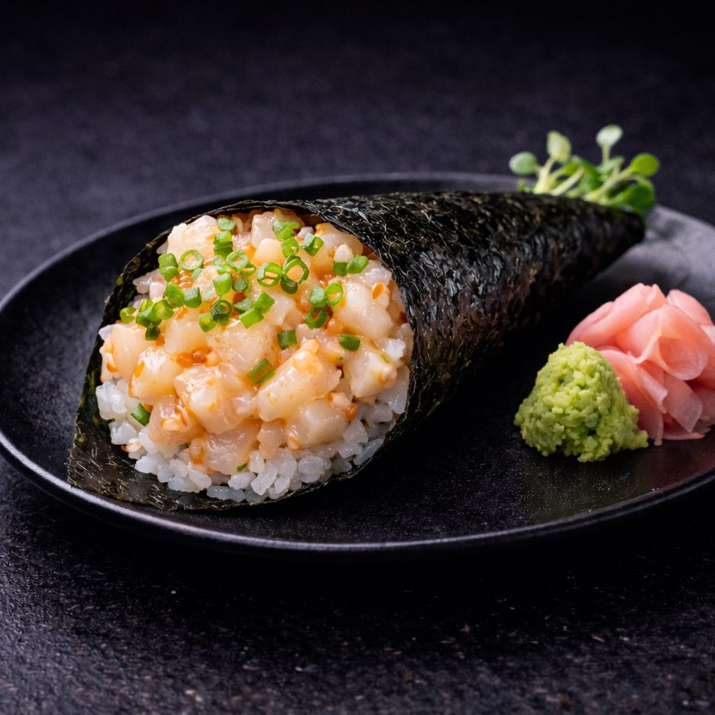 Spicy Scallop Hand Roll.