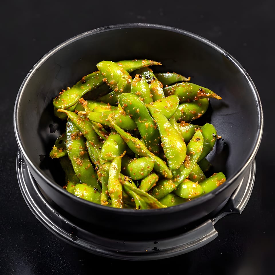 A black bowl filled with bright green edamame pods, seasoned with spices, from Express Sushi & Teriyaki.